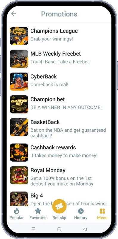 The Melbet app has a section with current promotions for users from Pakistan